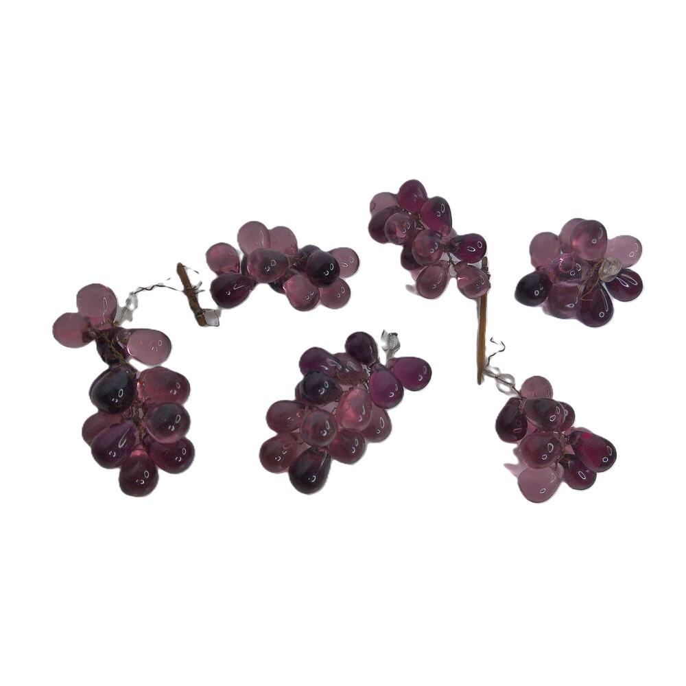 Vintage MCM Purple Glass Grape Clusters Wired Fruit Bunches Set of 6